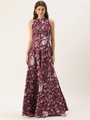 Ethnovog ready to wear maroon digital printed chinon gown 1