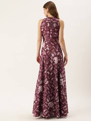 Ethnovog ready to wear maroon digital printed chinon gown 2