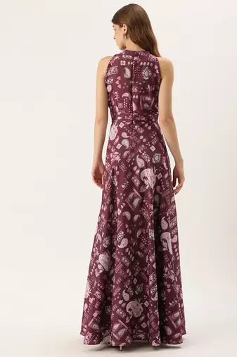 Ethnovog ready to wear maroon digital printed chinon gown