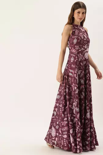 Ethnovog ready to wear maroon digital printed chinon gown