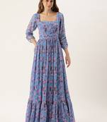 Ethnovog ready to wear blue digital printed georgette pleated gown