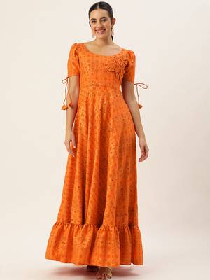 Ethnovog ready to wear orange rayon applique design gown 1