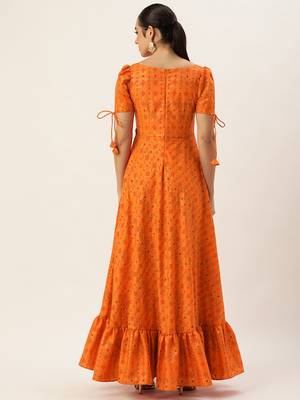 Ethnovog ready to wear orange rayon applique design gown 2