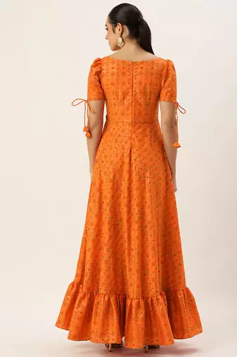 Ethnovog ready to wear orange rayon applique design gown