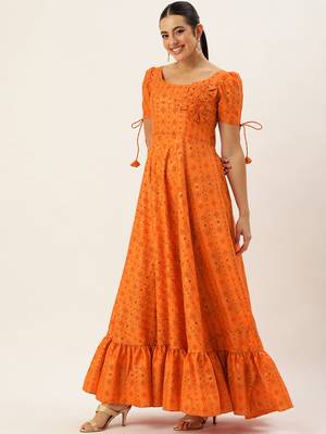 Ethnovog ready to wear orange rayon applique design gown 3