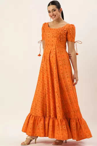 Ethnovog ready to wear orange rayon applique design gown