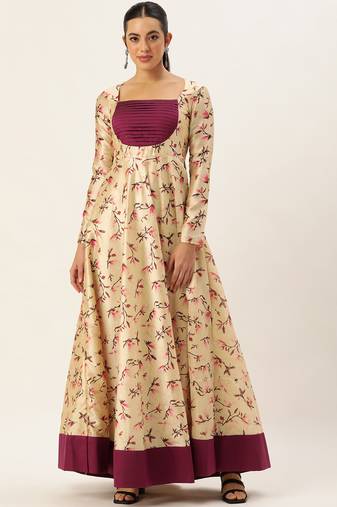 Ethnovog ready to wear light beige cotton silk digital printed gown