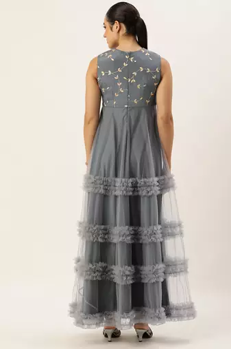 Ethnovog ready to wear grey embroidered chinon n net gown