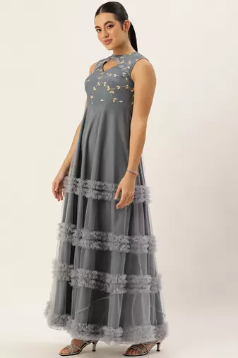 Ethnovog ready to wear grey embroidered chinon n net gown