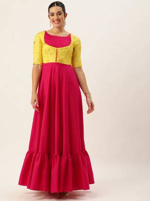 Ethnovog ready to wear yellow n pink chinon embroidered gown 1