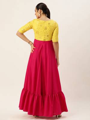 Ethnovog ready to wear yellow n pink chinon embroidered gown 2
