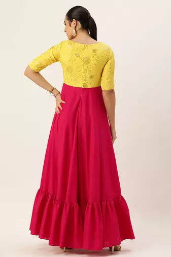 Ethnovog ready to wear yellow n pink chinon embroidered gown