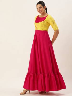 Ethnovog ready to wear yellow n pink chinon embroidered gown 3