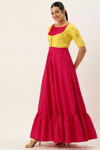 Ethnovog ready to wear yellow n pink chinon embroidered gown