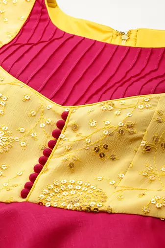 Ethnovog ready to wear yellow n pink chinon embroidered gown