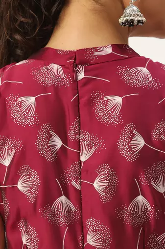 Ethnovog ready to wear maroon satin blend foil printed dress