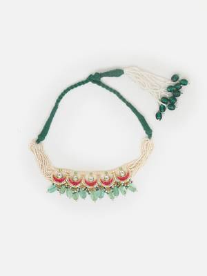 Red & green adjustable bajuband with kundan & pearls 3