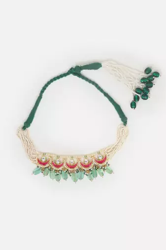 Red & green adjustable bajuband with kundan & pearls