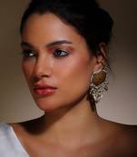 Gray & yellow drop earring with kundan & pearls