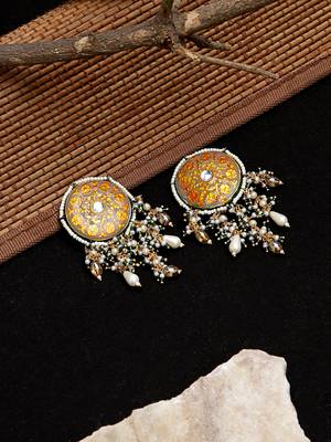 Gray & yellow drop earring with kundan & pearls 3