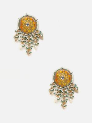 Gray & yellow drop earring with kundan & pearls 4