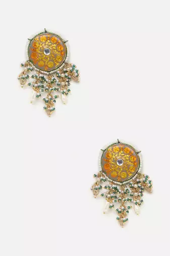 Gray & yellow drop earring with kundan & pearls