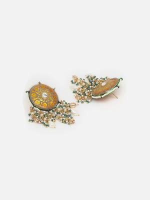 Gray & yellow drop earring with kundan & pearls 5