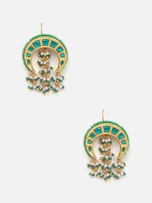 Green & gold drop earring with kundan & pearls 3