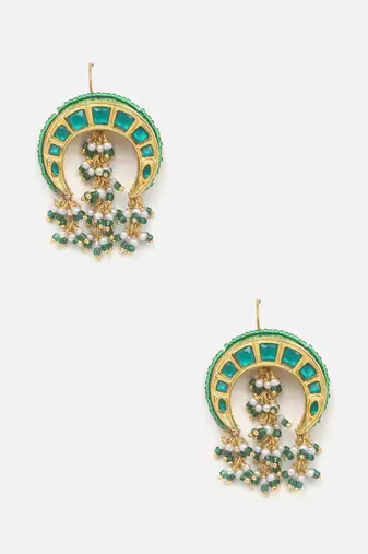 Green & gold drop earring with kundan & pearls