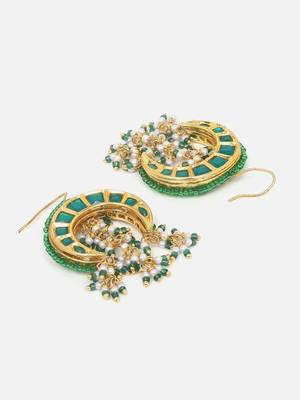 Green & gold drop earring with kundan & pearls 4
