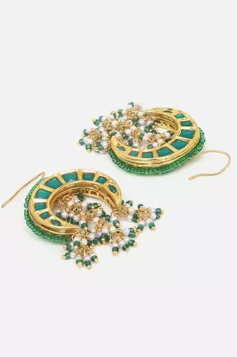 Green & gold drop earring with kundan & pearls