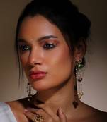 Green & cream drop earring with kundan, pearls and natural stones