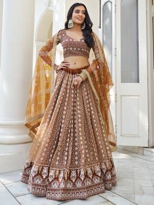 Fascinating Brown Thread Work Net Wedding Wear Lehenga Choli 1