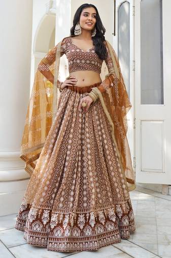 Fascinating Brown Thread Work Net Wedding Wear Lehenga Choli