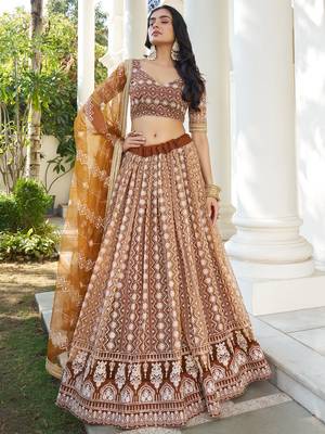Fascinating Brown Thread Work Net Wedding Wear Lehenga Choli 2