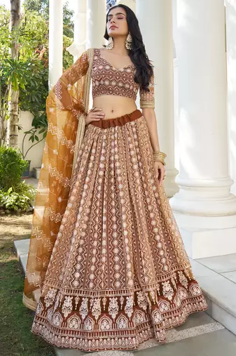 Fascinating Brown Thread Work Net Wedding Wear Lehenga Choli