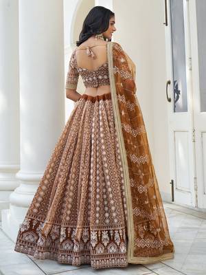 Fascinating Brown Thread Work Net Wedding Wear Lehenga Choli 3
