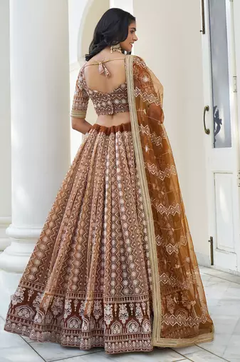 Fascinating Brown Thread Work Net Wedding Wear Lehenga Choli