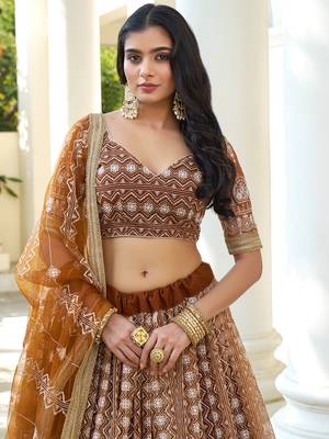 Fascinating Brown Thread Work Net Wedding Wear Lehenga Choli 4