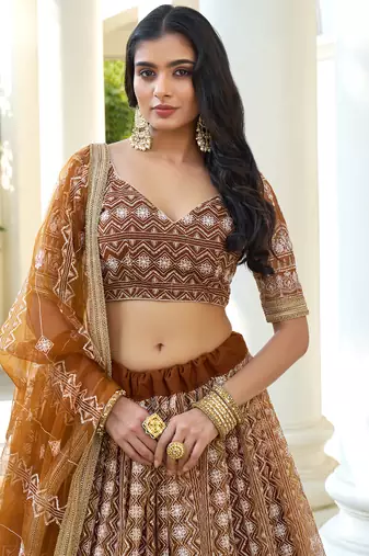 Fascinating Brown Thread Work Net Wedding Wear Lehenga Choli