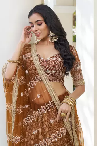 Fascinating Brown Thread Work Net Wedding Wear Lehenga Choli