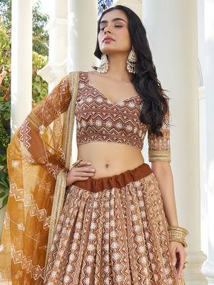 Fascinating Brown Thread Work Net Wedding Wear Lehenga Choli 6