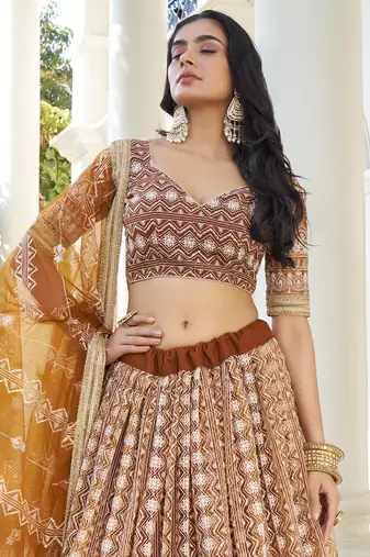 Fascinating Brown Thread Work Net Wedding Wear Lehenga Choli