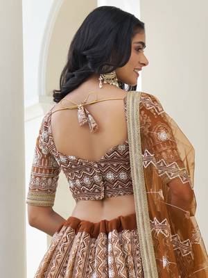 Fascinating Brown Thread Work Net Wedding Wear Lehenga Choli 7