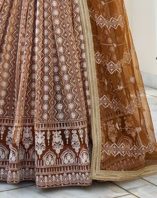 Fascinating Brown Thread Work Net Wedding Wear Lehenga Choli 8