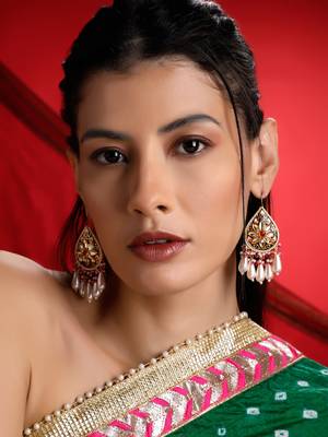 Pink & blue drop earring with kundan & pearls 1