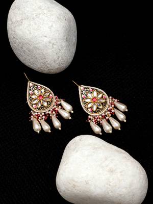 Pink & blue drop earring with kundan & pearls 2