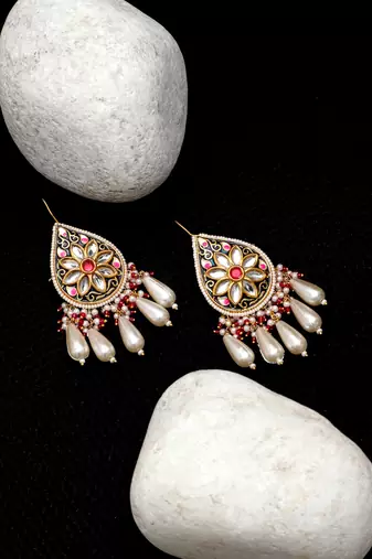 Pink & blue drop earring with kundan & pearls