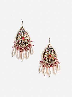 Pink & blue drop earring with kundan & pearls 4