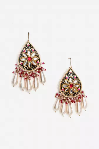 Pink & blue drop earring with kundan & pearls